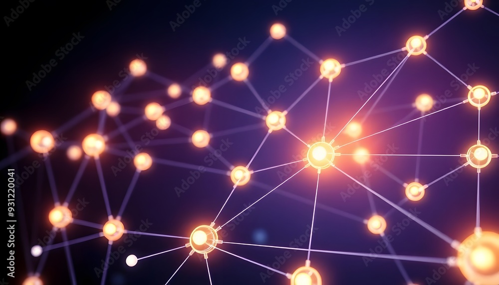 Poster a futuristic network of glowing nodes and interconnected lines against a dark background, creating a