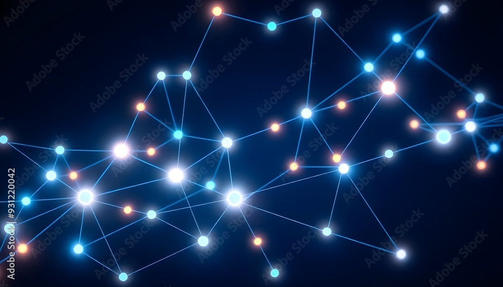 Poster a futuristic network of glowing nodes and interconnected lines against a dark background, creating a