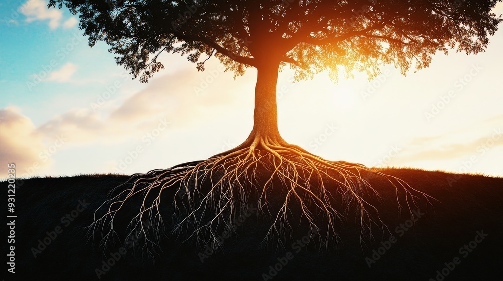 Poster a tree with its roots visible in the ground