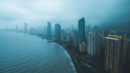 Fototapeta premium A misty view of a city skyline with tall buildings along the coast.