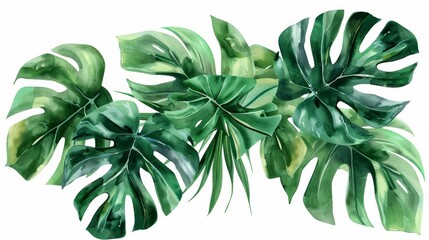 Monstera Philodendron isolated leaf. Tropical foliage plant growing in the rainforest. Dark green leaves. Realistic watercolor vector illustration on white background.