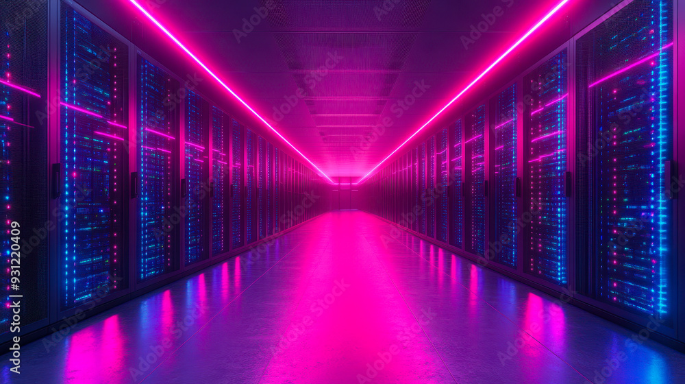 Poster futuristic data center corridor with blue and purple led lights between high-speed computing servers