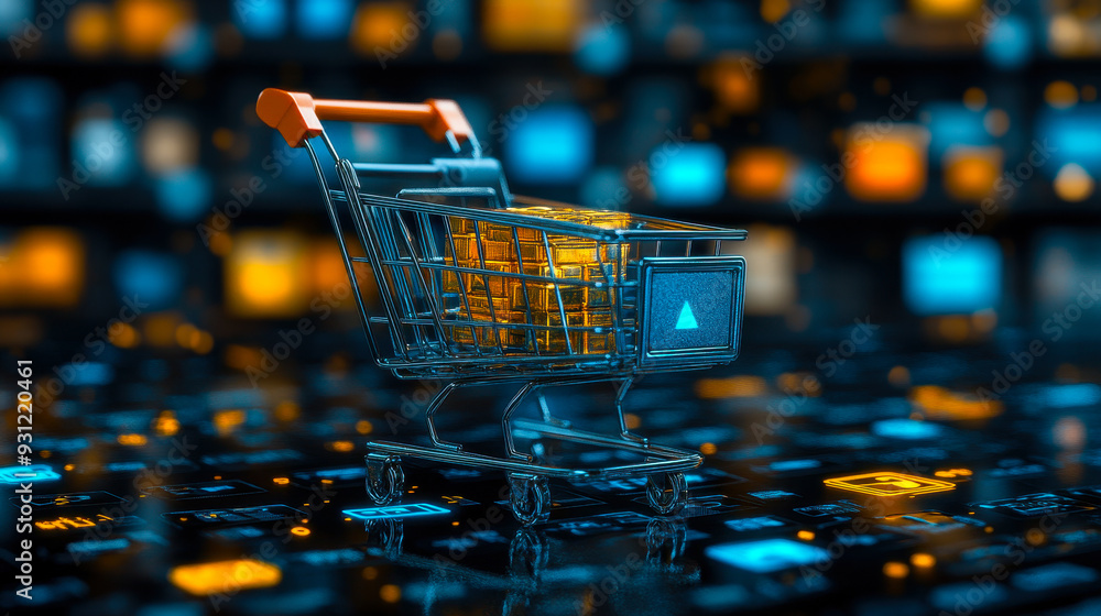 Aufkleber digital shopping cart in abstract ecommerce setting with technology symbols representing online busi
