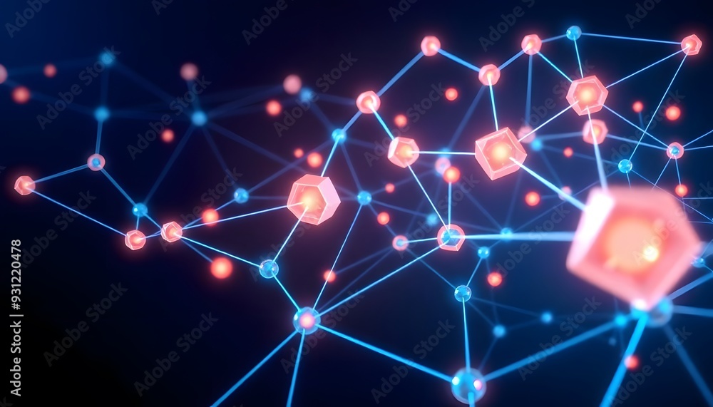 Poster a futuristic network of glowing nodes and interconnected lines against a dark background, creating a