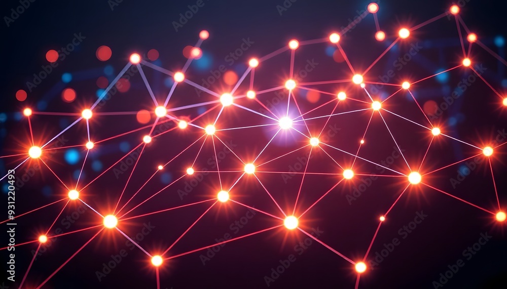 Poster glowing blue abstract network of interconnected nodes and lines against a dark background