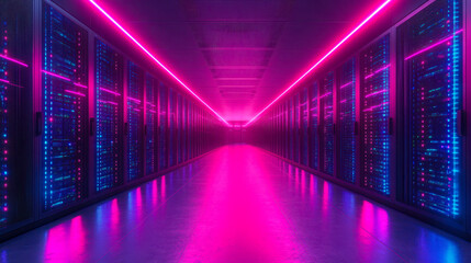 Fototapeta premium Futuristic Data Center Corridor with Blue and Purple LED Lights between High-Speed Computing Servers for Internet and Cloud Services
