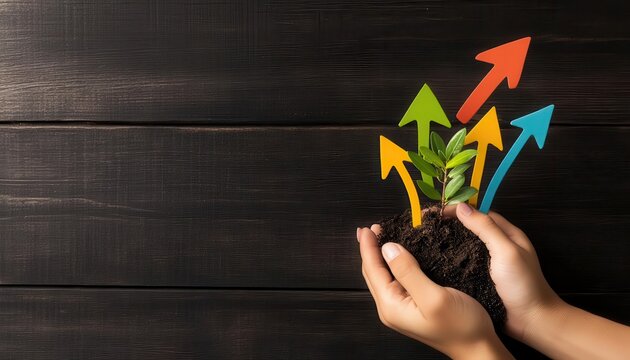 Hands nurturing a sapling with colorful arrows pointing upwards, Growth, Future potential