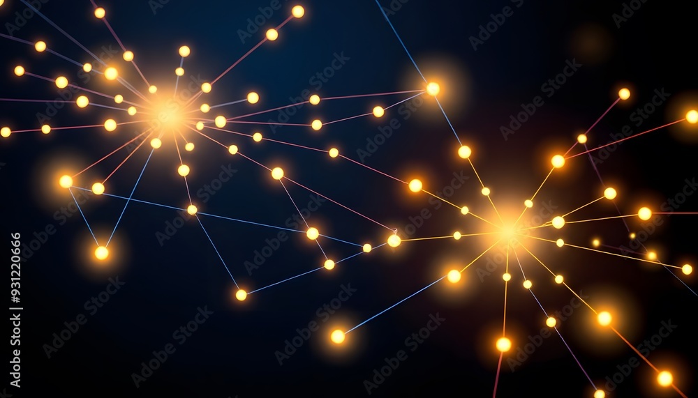 Poster glowing blue abstract network of interconnected nodes and lines against a dark background