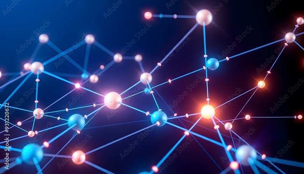 Poster glowing blue abstract network of interconnected nodes and lines against a dark background