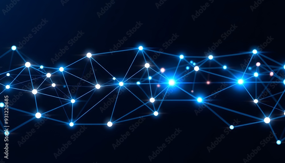 Poster glowing blue abstract network of interconnected nodes and lines against a dark background