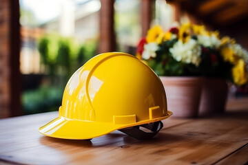 Hard hat on desk in office. Selective focus. Industrial background