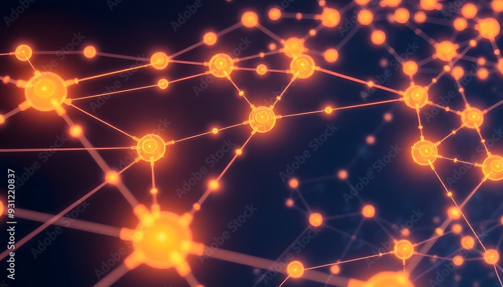 Poster glowing blue abstract network of interconnected nodes and lines against a dark background
