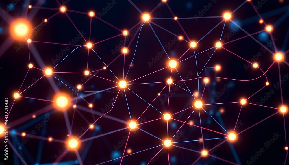 Poster glowing blue abstract network of interconnected nodes and lines against a dark background