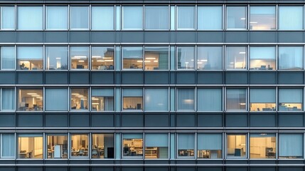 A modern office building with large windows, many of which are lit from within at night.