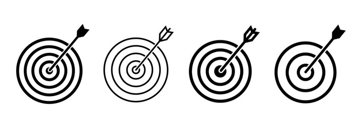 Target icon. Target with arrow icon set. Arrow hits the target. Archery target with arrow. Vector illustration