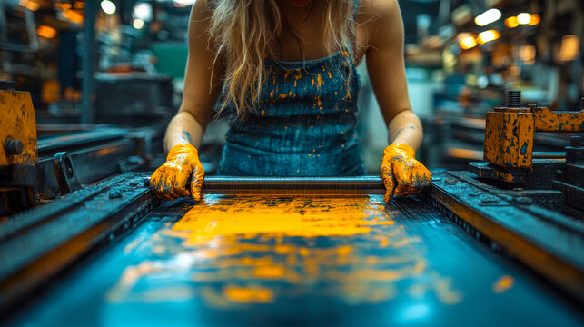 Woman Screen Printing in an Industrial Workshop with Vibrant Yellow Ink and Machines, Artistic Process, Creativity, Craftsmanship