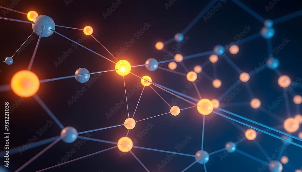 Poster glowing blue abstract network of interconnected nodes and lines against a dark background