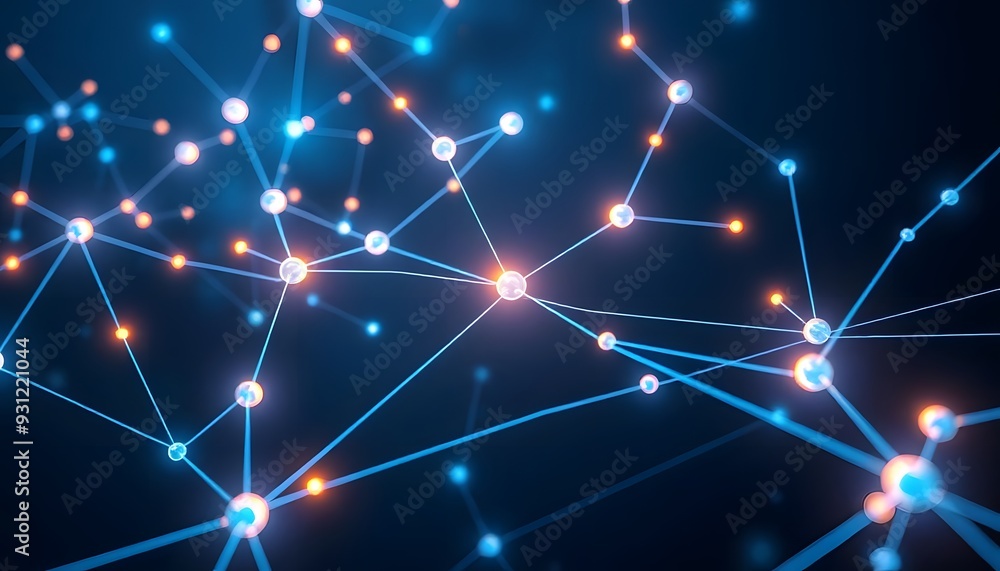 Poster glowing blue abstract network of interconnected nodes and lines against a dark background