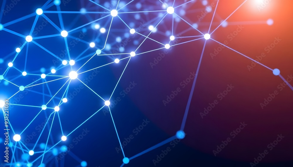 Poster glowing blue abstract network of interconnected nodes and lines against a dark background