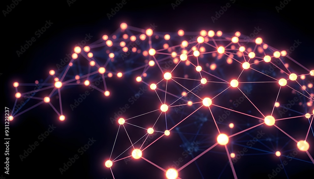 Poster glowing blue abstract network of interconnected nodes and lines against a dark background