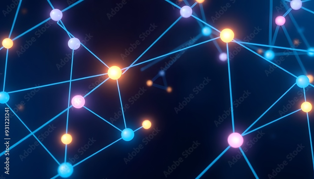 Poster glowing blue abstract network of interconnected nodes and lines against a dark background
