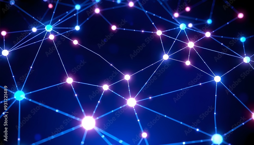 Poster glowing blue abstract network of interconnected nodes and lines against a dark background