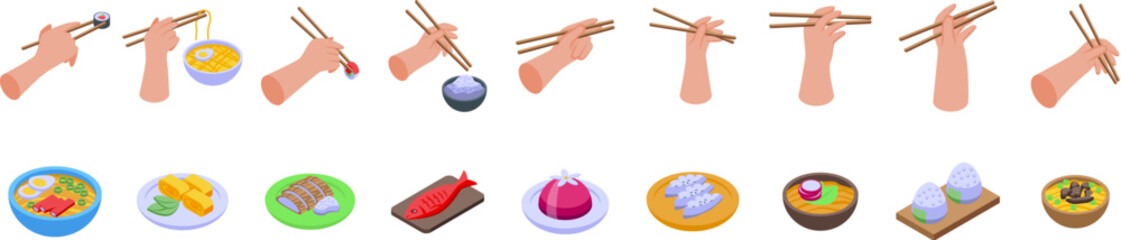 Hands holding chopsticks icons set. This isometric icon set illustrates various asian cuisines being enjoyed with chopsticks