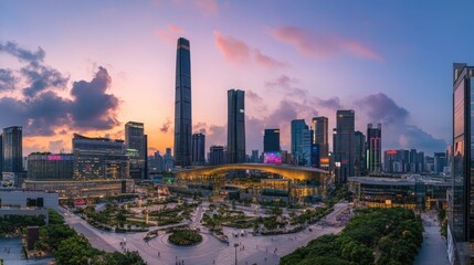 Fototapeta premium A panoramic view of a city skyline with modern skyscrapers, lush green trees, and a curved walkway under a pink and purple sunset sky.