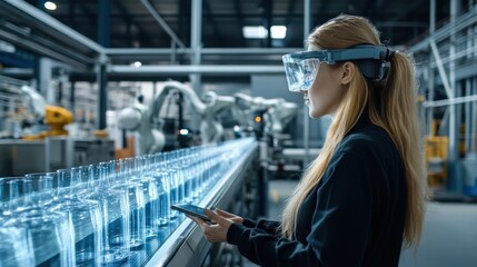 A female worker wearing safety glasses inspects a production line of clear bottles in an industrial setting, holding a tablet for quality control checks.