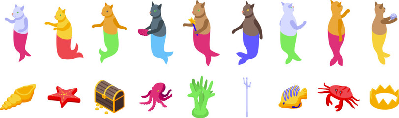 Mermaid cats icons set. Cat mermaids posing underwater with sea treasure and marine life
