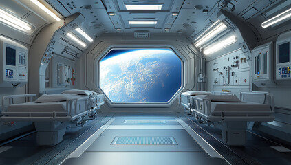 Fototapeta premium Futuristic hospital room in a space station with Earth view