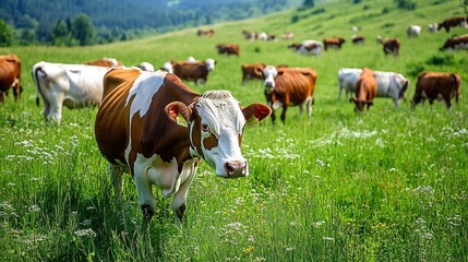 Obraz premium Close-up of a brown and white cow in a green grassy field with other cows in the background.
