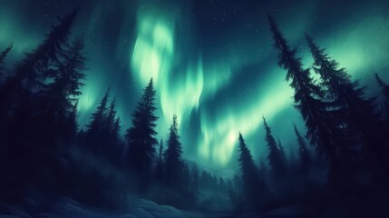 Fototapeta premium A serene night scene featuring the aurora borealis above a dark forest.