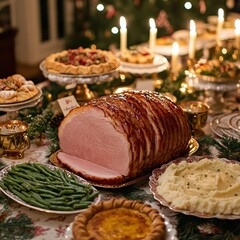 Holiday Feast with Ham and Festive Sides on Table