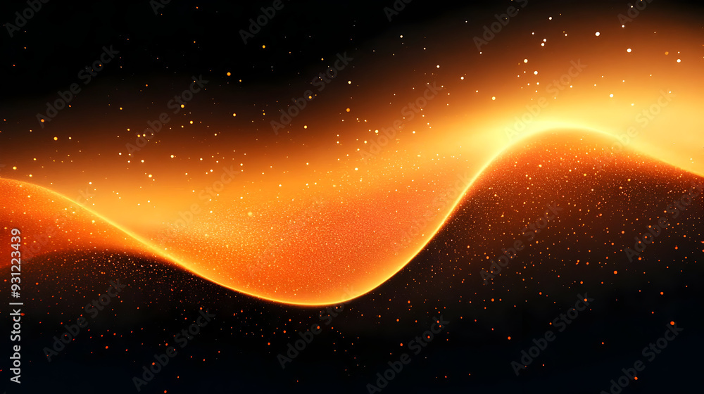 Poster abstract orange wave with sparkles on a dark background.