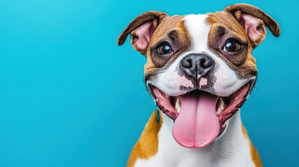 Close-up of a happy dog with tongue out against a blue background.