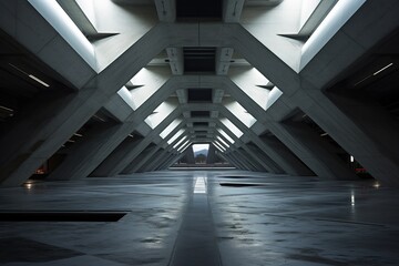 Fototapeta premium Concrete hallway with light shining through a window at the end.