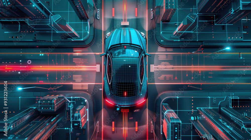 Aufkleber top-down view of futuristic autonomous car navigating through a neon-lit city with digital interface