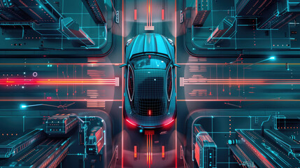 Top-down view of futuristic autonomous car navigating through a neon-lit city with digital interface overlay. Concepts of advanced technology, urban living, and future transportation.