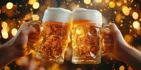 Fototapeta premium Two people are holding large beer mugs and toasting in front of a sparkling gold background. The beer is light and bubbly with a foamy head