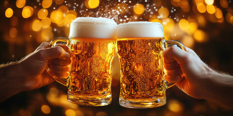 Two people are holding large beer mugs and toasting in front of a golden bokeh background.The beer is light and bubbly with a foamy head. Oktoberfest. Memorable evening of laughter and celebration
