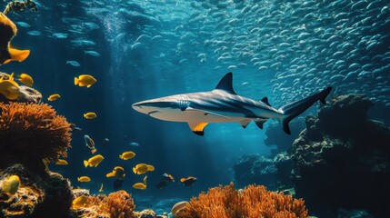 Fototapeta premium A shark swimming among colorful fish and coral in a vibrant ocean.