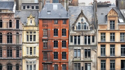 Naklejka premium A row of historic buildings in a European city with a variety of architectural styles, including brick, stone, and ornate details.