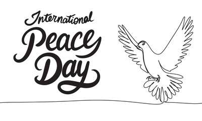 Dove one line continuous. International Peace Day text lettering. Hand drawn vector art