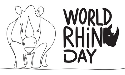 Rhino one line continuous. World Rhino Day text lettering. Hand drawn vector art