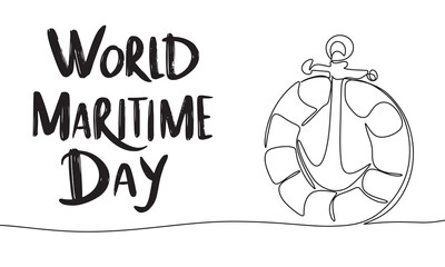 Anchor and lifebuoy one line continuous. World Maritime Day text lettering. Hand drawn vector art