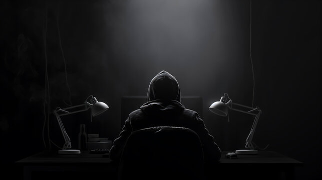 Back view of hacker in hoodie using computer committing digital cybercrime in dark room