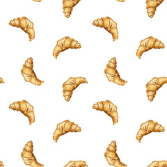 Seamless pattern of watercolor croissants on white background. Food illustration.French breakfast
