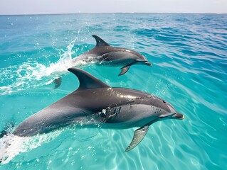 Fototapeta premium Graceful Bottlenose Dolphins Gliding Through Turquoise Tropical Ocean Waters