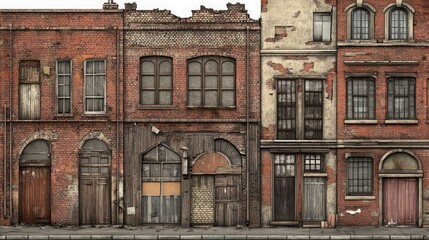 A row of old brick buildings with boarded up windows and doors, set against a grey sidewalk.